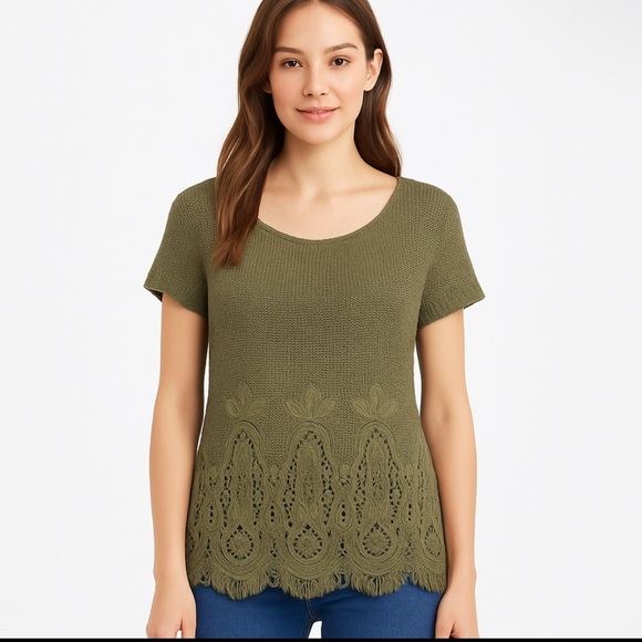 Mango Womens Top Size S Olive Green Lace Hem Sheer Knit Boho Festival - Picture 1 of 7